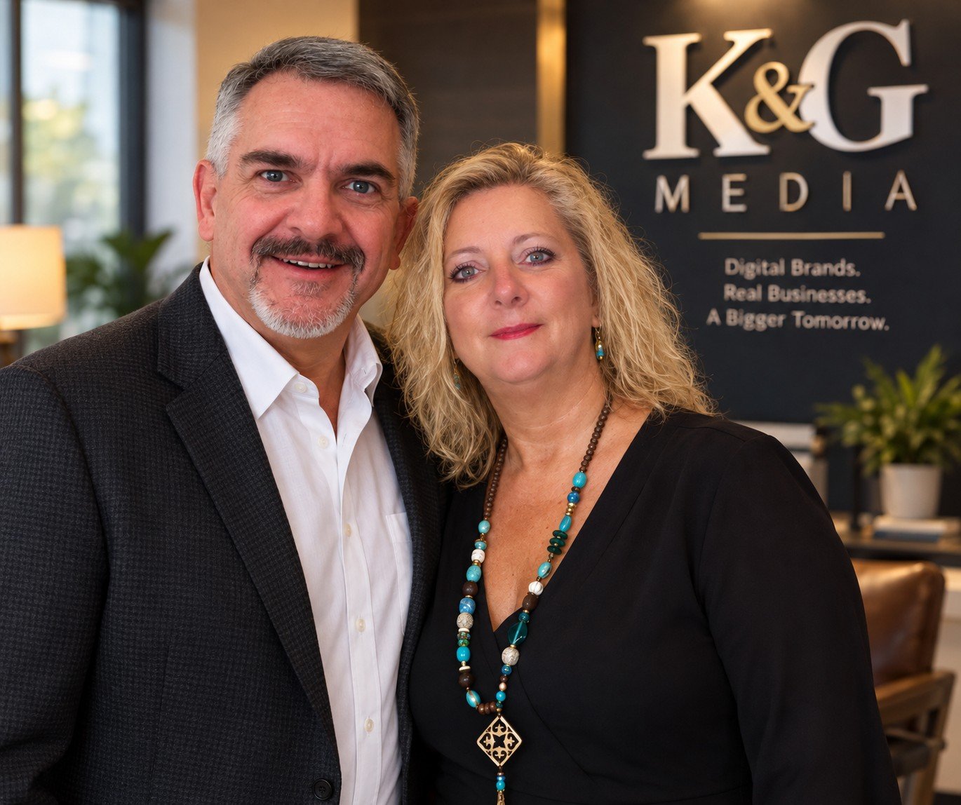 Mack and Glenda McCarty, founders of K&G Media LLC, standing together in the company office